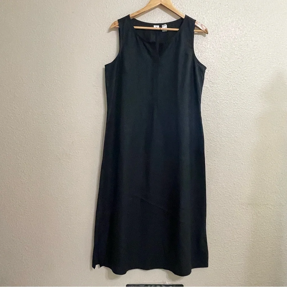 100% linen Asymmetric Sleeveless Linen V-Neck‎ Midi Black Dress
